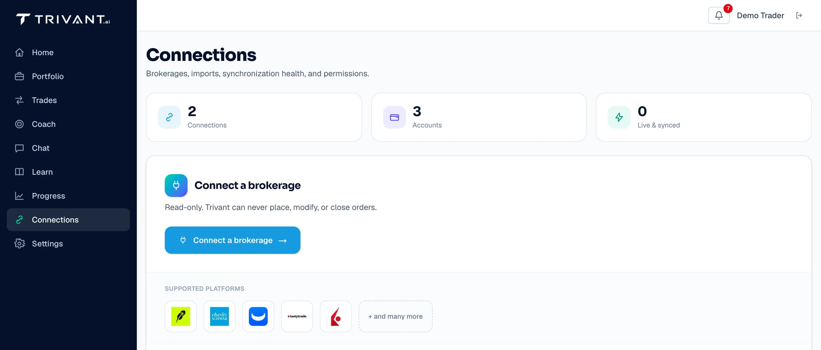 Connections page showing the connect-a-brokerage flow and supported platform logos