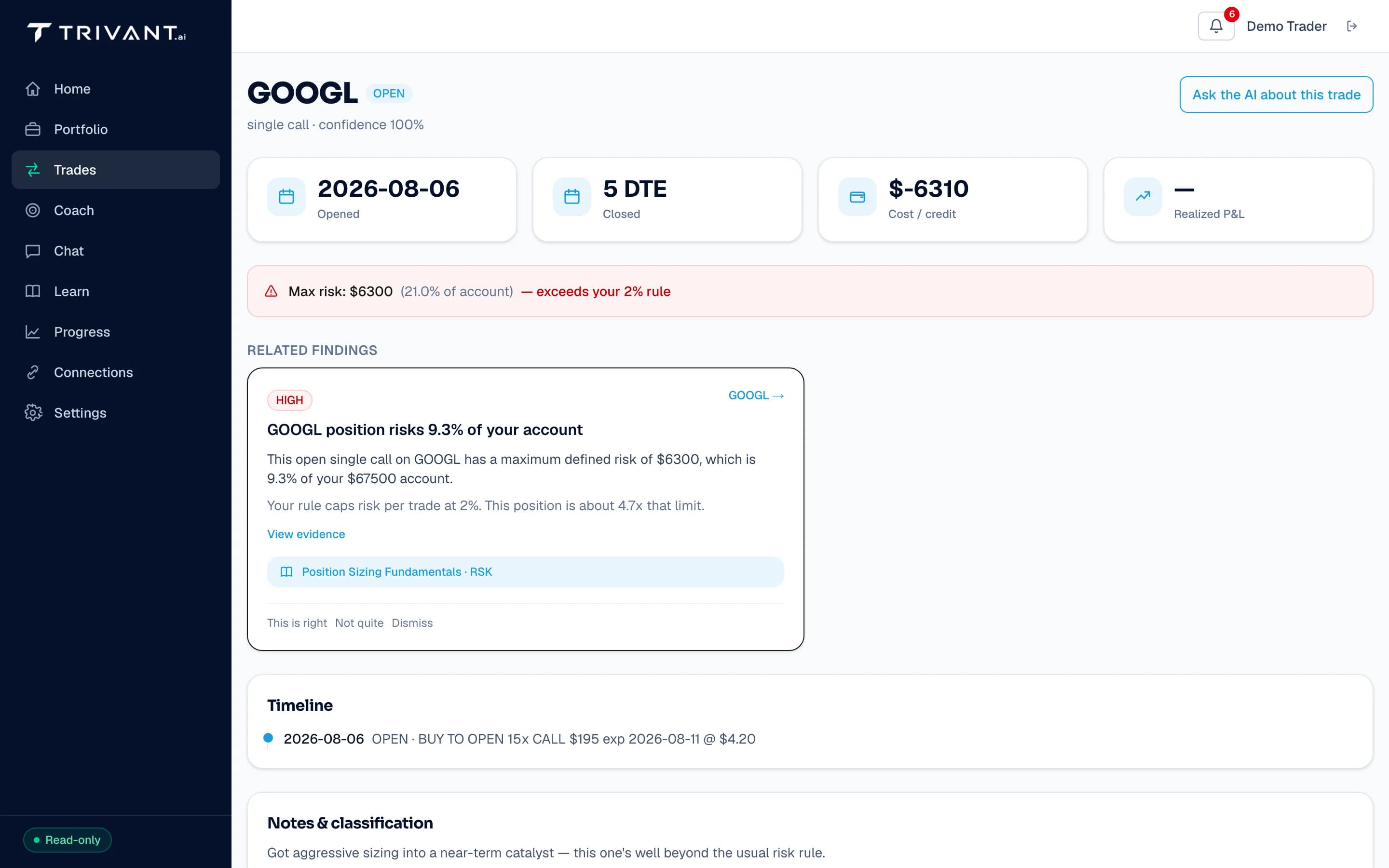 A trade detail page showing a risk-rule breach and the specific finding that flagged it